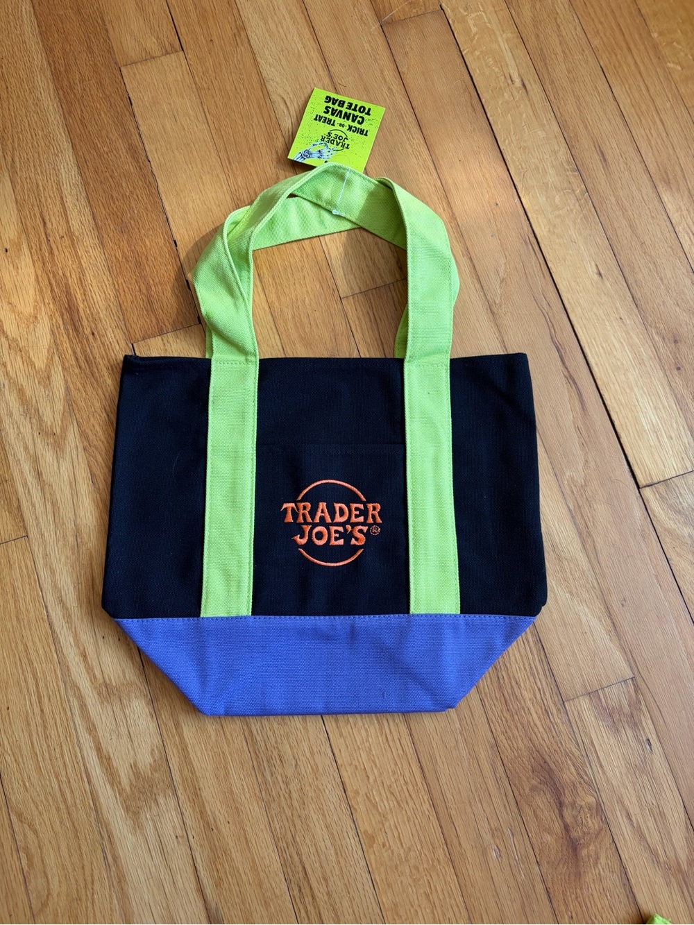 Trader Joe's Halloween Canvas Tote in Black, Lime and Blue.